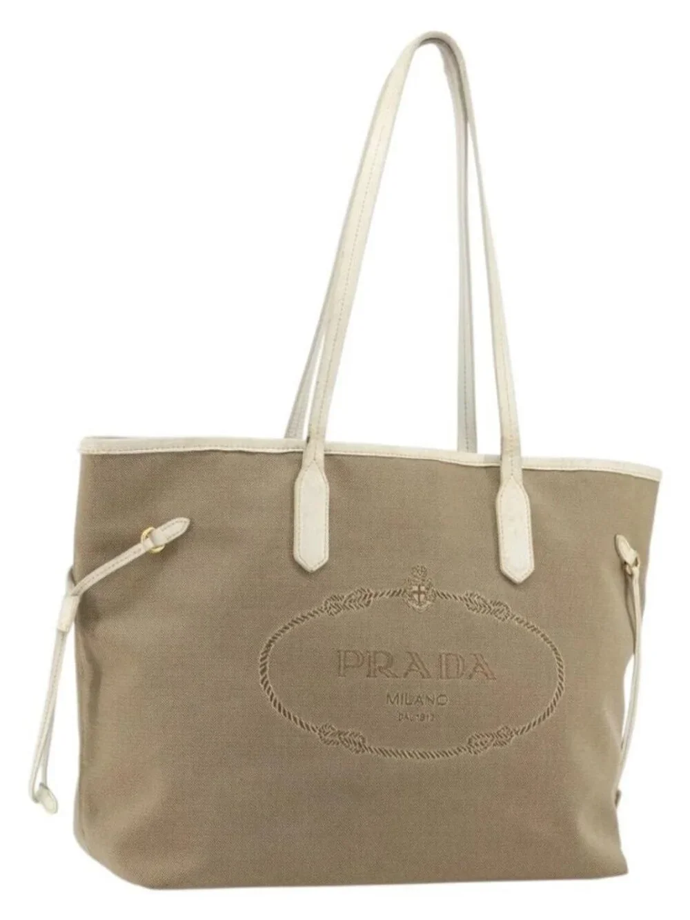 PRADA Tote Bag Canvas Beige Gold Auth ka3943